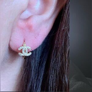 Classic Chanel CC Petite Gold Hoop Earrings with Crystal Accents